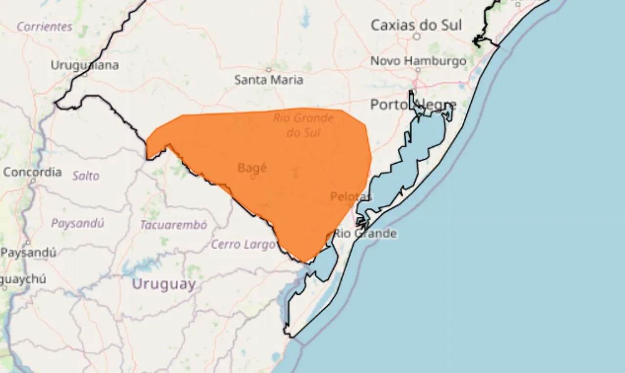 O mapa mostra a áreas em alerta laranja para ocorrência de geada